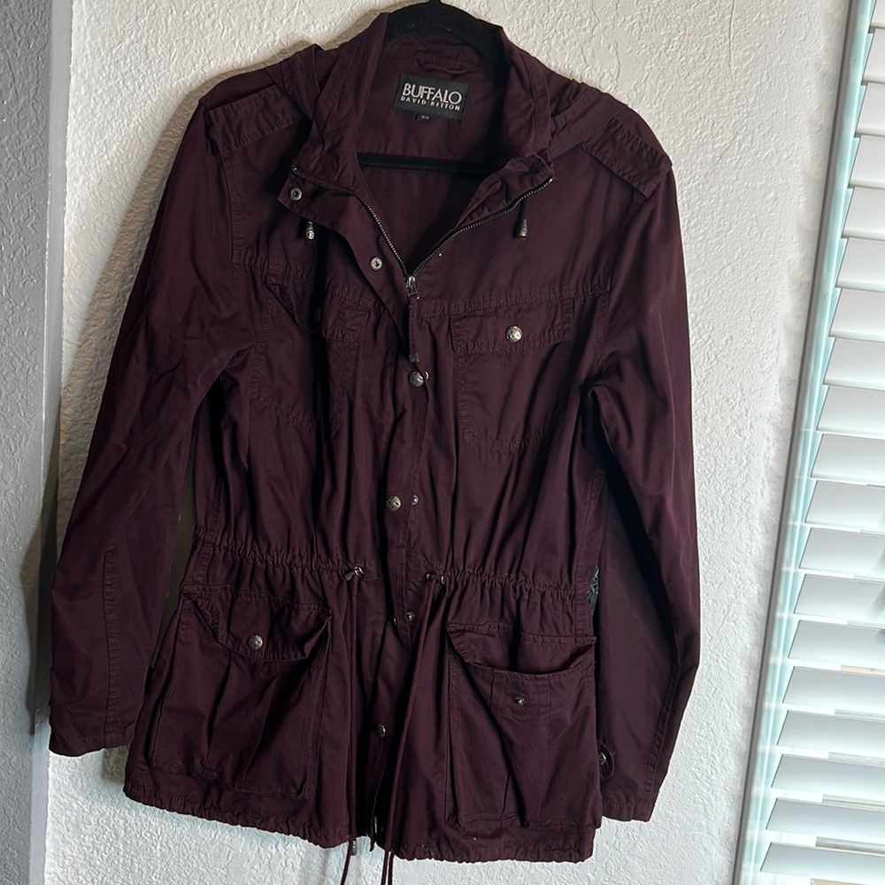 Burgundy women’s military zip up, drawstring jacket